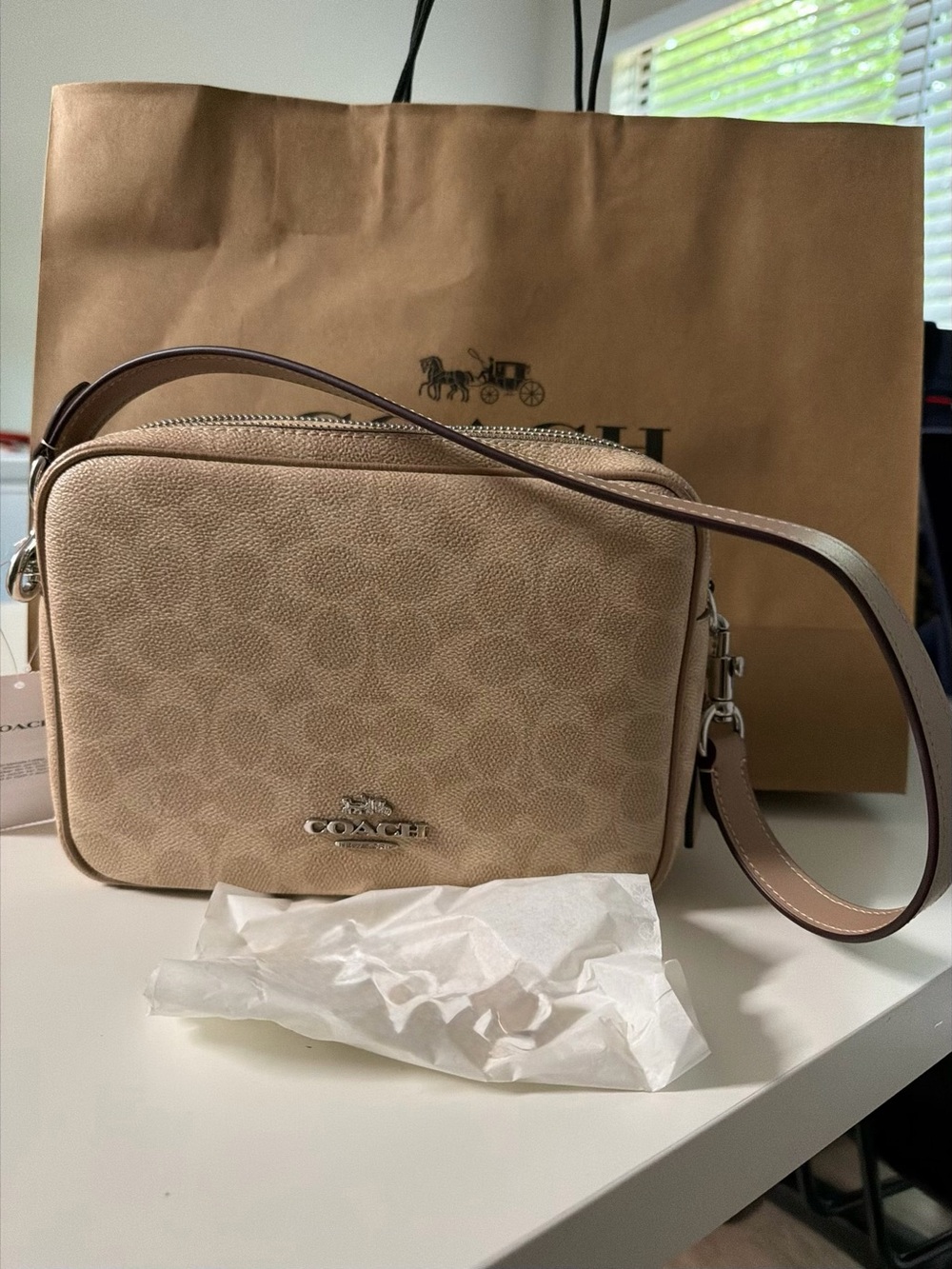 Coach Tan Signature Crossbody Bag with Silver Logo